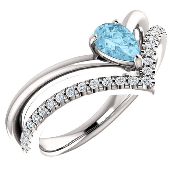 Aquamarine Pear and Diamond Chevron Sterling Silver Ring (.145 Ctw, G-H Color, I1 Clarity), Size 7.5