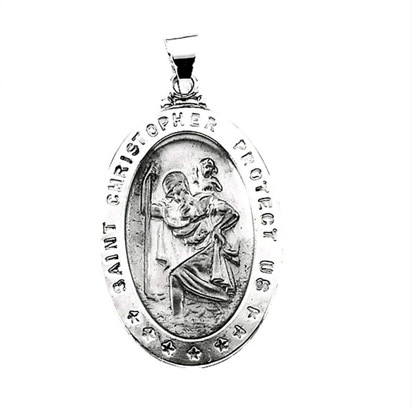 14k White Gold Hollow Oval St. Christopher Medal (28.75x20 MM)