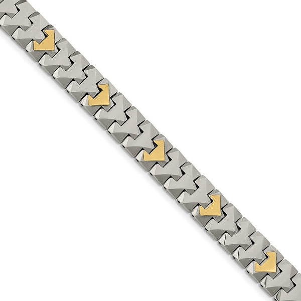 Men's Polished Tungsten with 10k Yellow Gold Chevron Style Bracelet, 8.25"