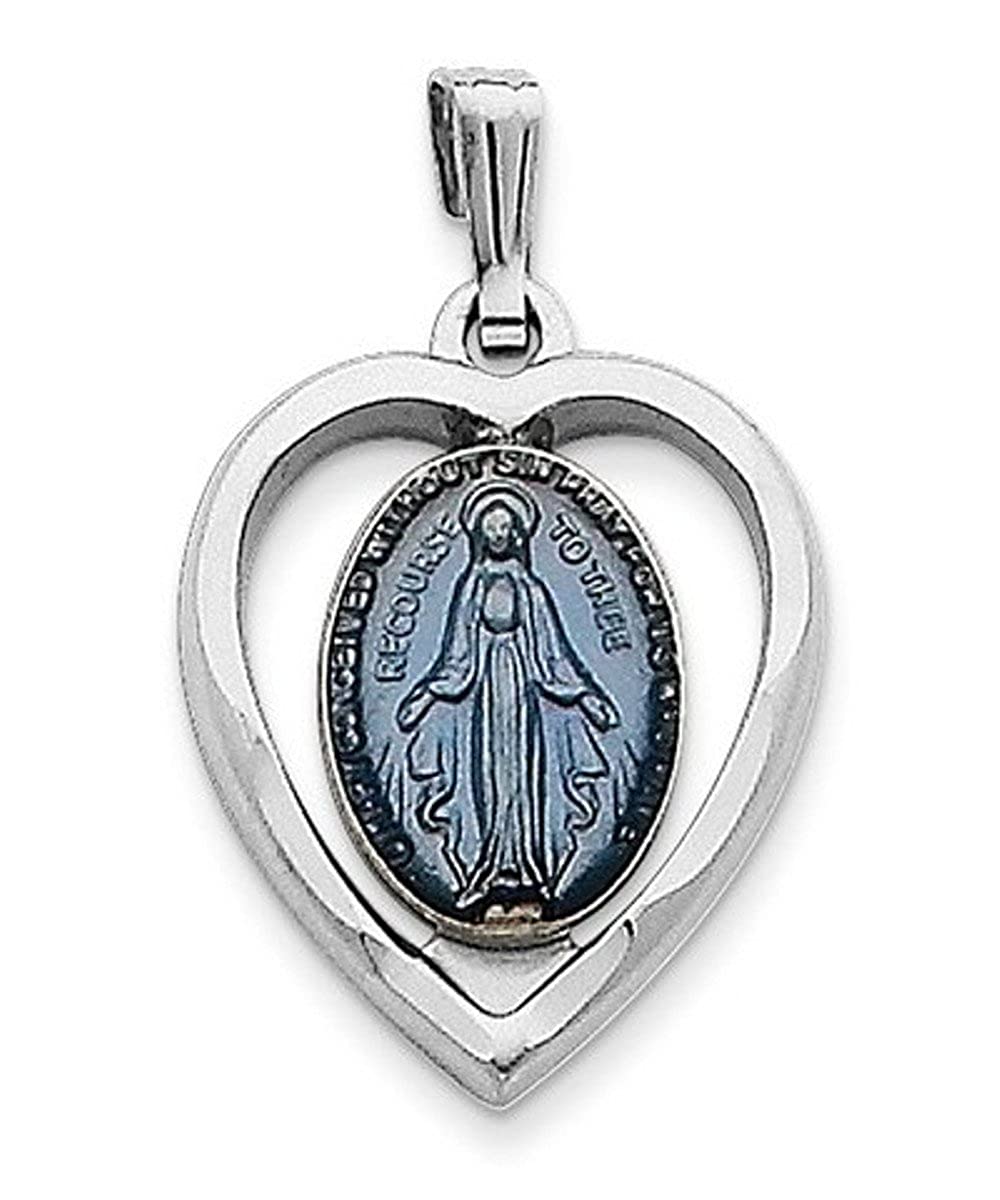 Rhodium-Plated Sterling Silver Miraculous Heart Medal (23X14MM)