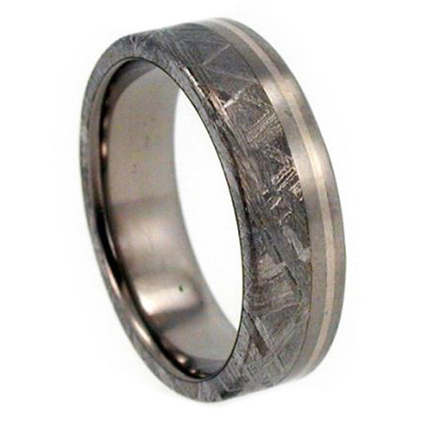 Gibeon Meteorite, Platinum Pinstripe 9mm Comfort Fit Titanium Wedding Band, Size 10