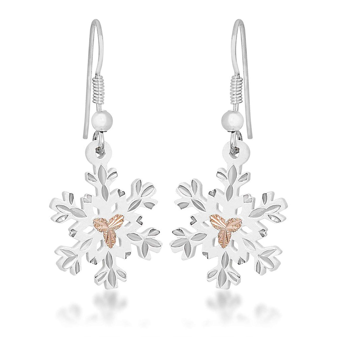 Snow Flake Earrings, Sterling Silver, 12k Rose Gold Black Hills Gold Motif