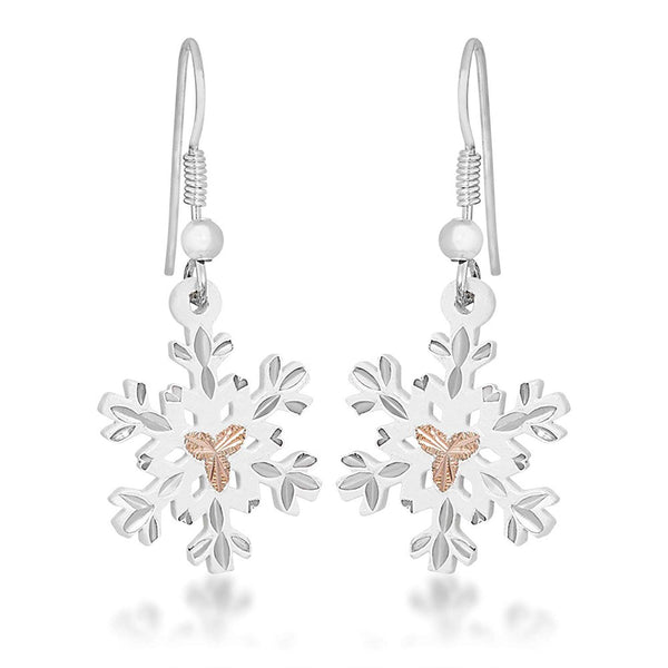 Snow Flake Earrings, Sterling Silver, 12k Rose Gold Black Hills Gold Motif