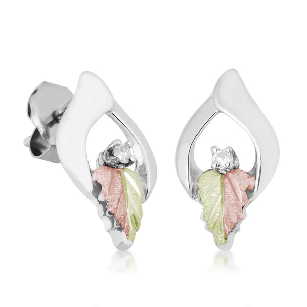 Diamond Spilt Leaf Earrings, Sterling Silver, 12k Green Gold and Rose Gold Black Hills Gold Motif