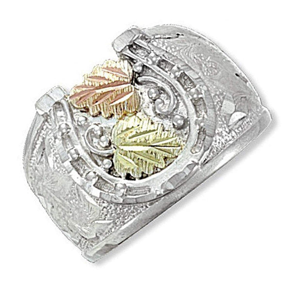 Diamond-Cut Horseshoe Ring, Sterling Silver, 12k Green and Rose Gold Black Hills Gold Motif
