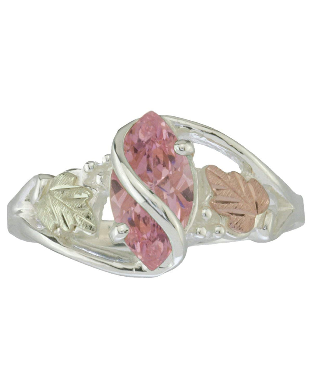 Pink CZ Marquise Ring, Sterling Silver, 12k Green and Rose Gold Black Hills Gold Motif, Size 8.5