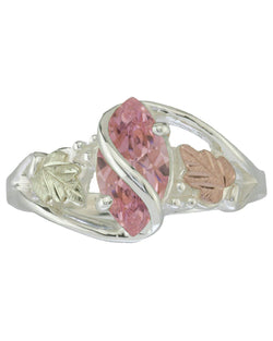 Pink CZ Marquise Ring, Sterling Silver, 12k Green and Rose Gold Black Hills Gold Motif, Size 8.5