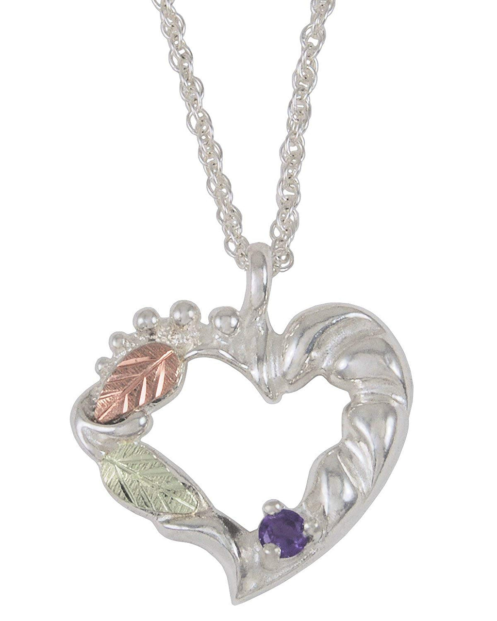 Amethyst Heart Pendant Necklace, Sterling Silver, 12k Green and Rose Gold Black Hills Gold Motif, 18"