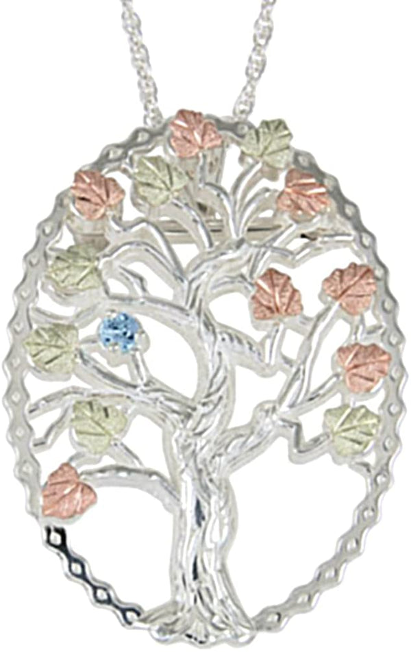 Aquamarine Tree Pendant Necklace, Sterling Silver, 12k Green and Rose Gold Black Hills Gold Motif, 18"
