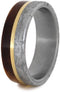 Amboyna Burl Wood, Gibeon Meteorite, 14k Yellow Gold 7mm Comfort-Fit Matte Titanium Wedding Band, Size 11.25