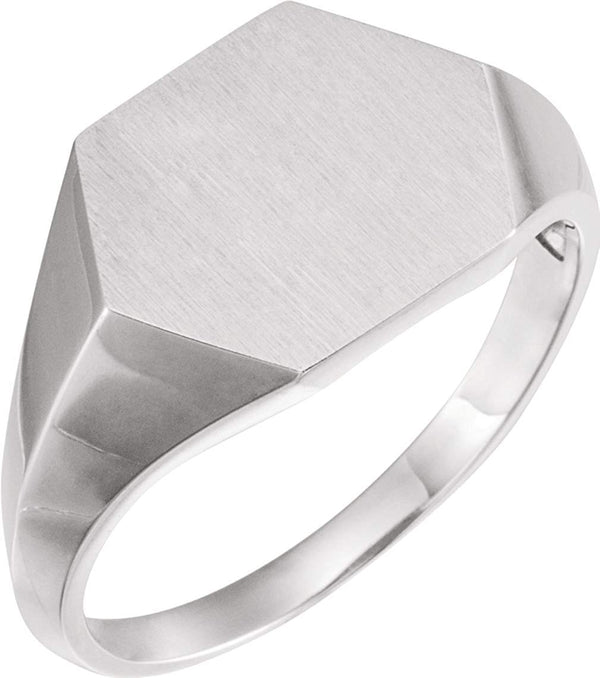 Men's Brushed Hexagon Signet Ring, Rhodium-Plated 14k White Gold (14mm)