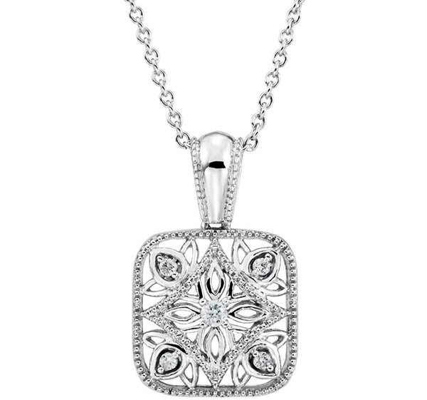 The Men's Jewelry Store (for HER) Diamond Square Vintage Style Filigree Sterling Silver Pendant Necklace, 18" (.05 Cttw)