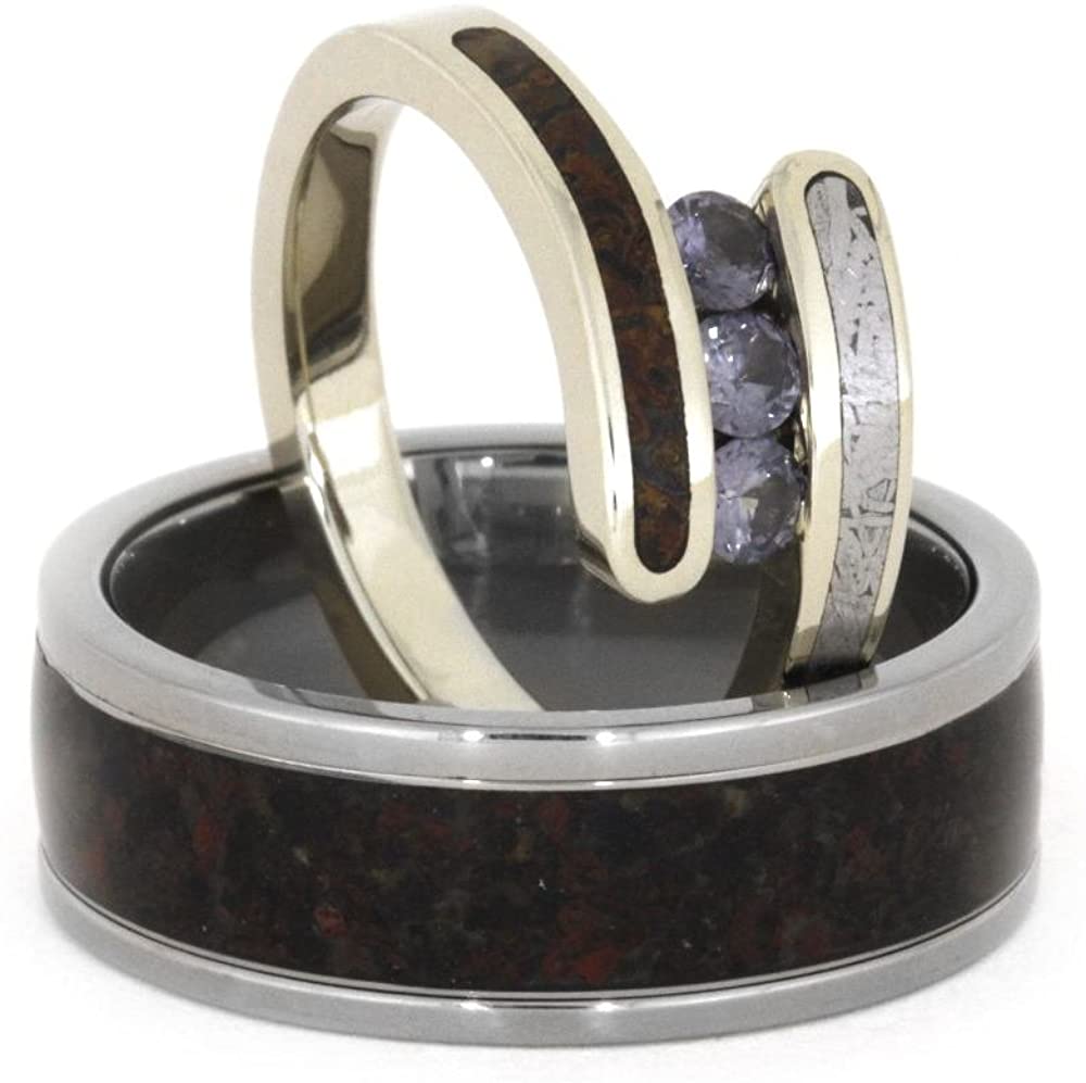 Chatham Created Alexandrite, Dinosaur Bone, Gibeon Meteorite 10k White Gold Ring, Dinosaur Bone Sterling Silver Band, Couples Wedding Set, M10.5-F9.5