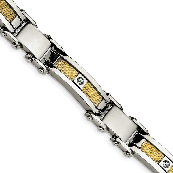 Men's Polished Stainless Steel 11mm Yellow IP-Plated Cable with CZ Bracelet, 8.5"