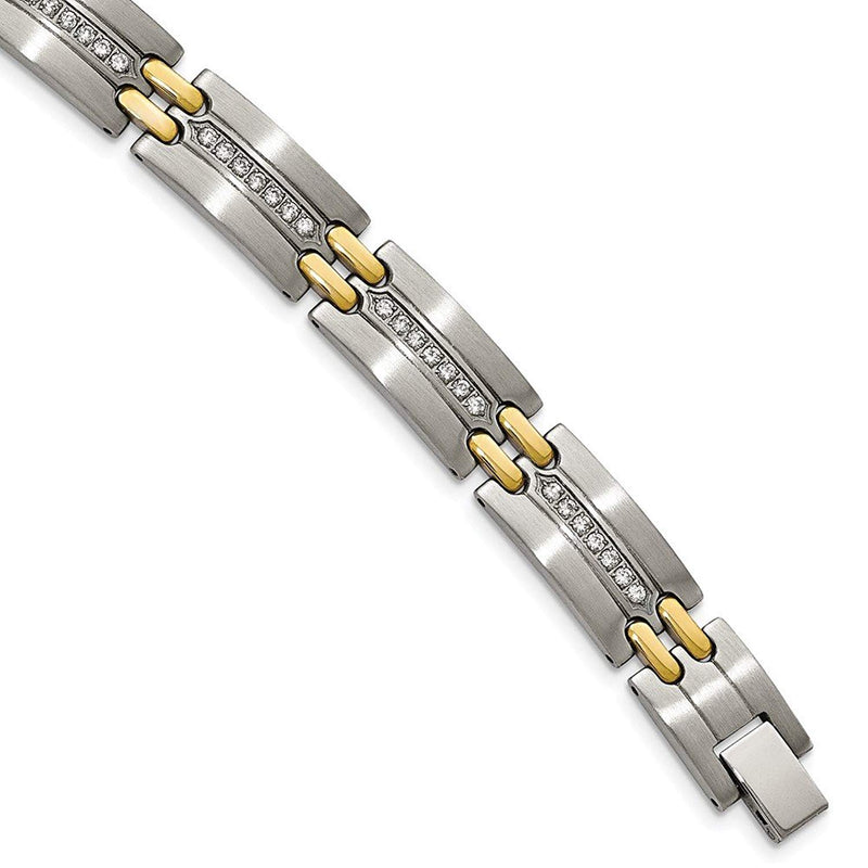 Men's Brushed and Polished Stainless Steel Yellow Gold IP CZ Link Bracelet, 8.75"