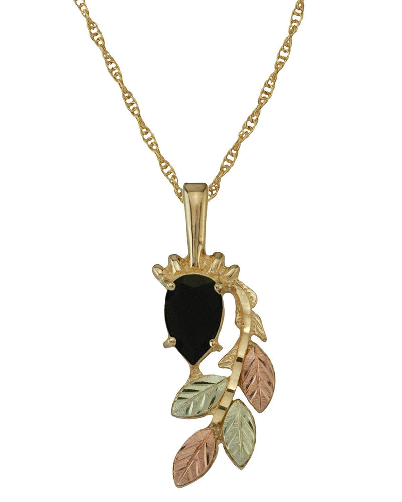 Pear Onyx Pendant Necklace, 10k Yellow Gold, 12k Green and Rose Gold Black Hills Gold Motif, 18''