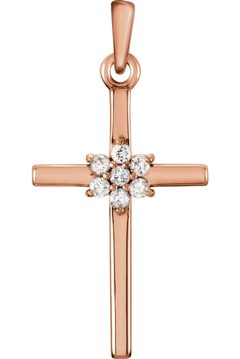 Large 7-Stone Diamond Cluster Christian Cross 14k Rose Gold Pendant (1/10 Ctw) 30.40X16.26MM