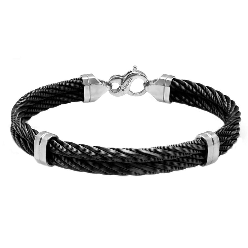 Signature Cable Collection Titanium and Black Memory Two Cable Bracelet, 8.5" (7MM)