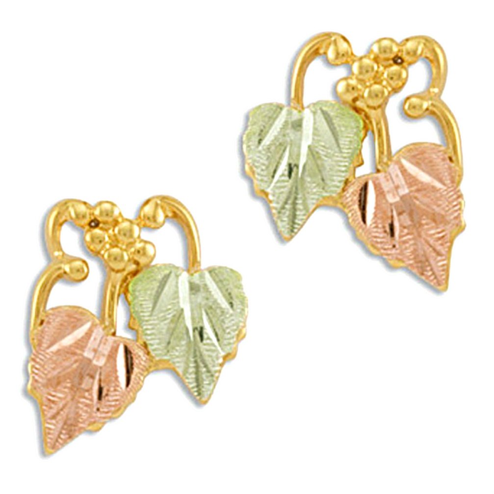 Frosty Leaves Stud Earrings, 10k Yellow Gold, 12k Green and Rose Gold Black Hills Gold Motif