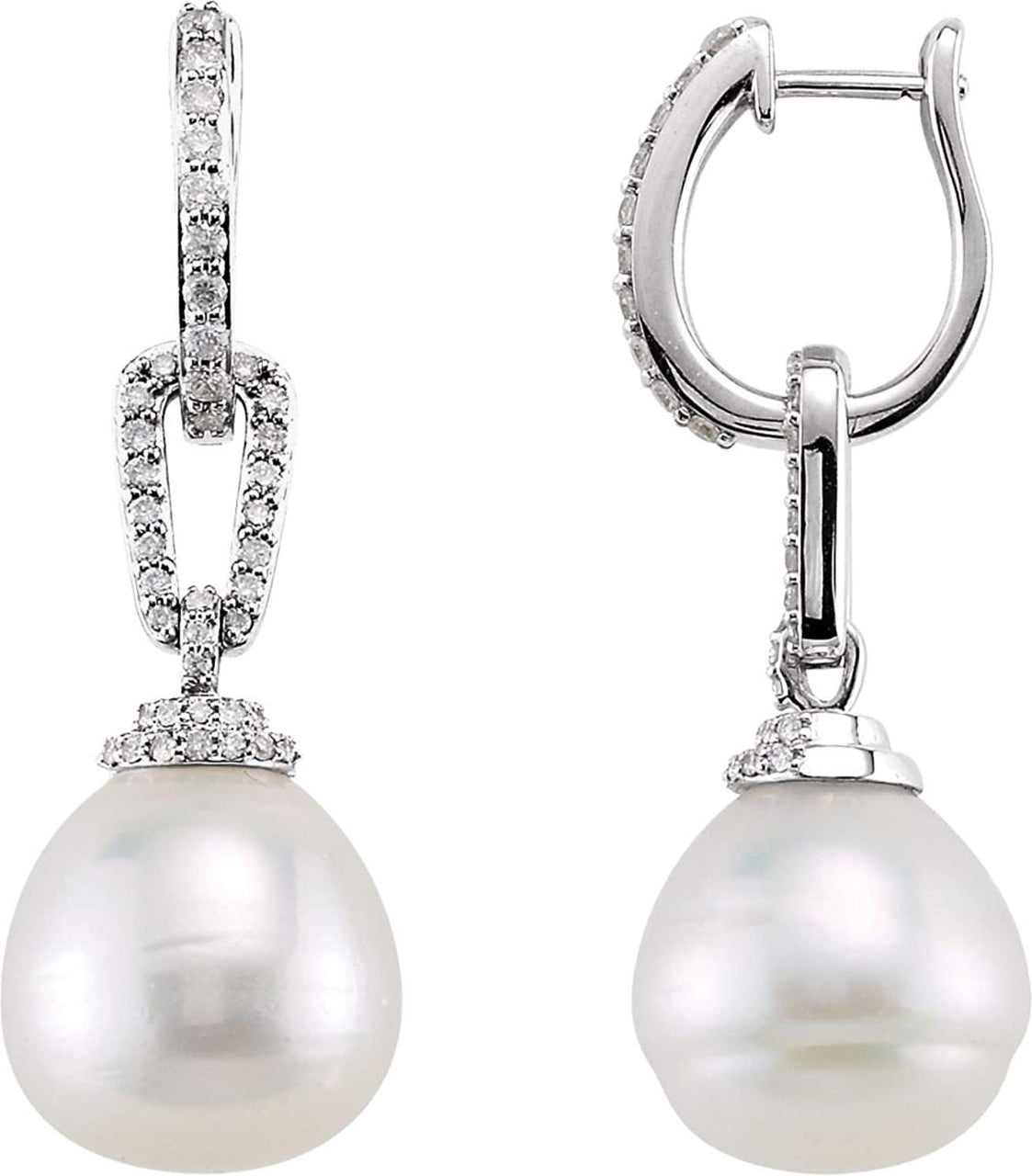 White South Sea Cultured Pearl with Diamond Hoop Earrings, 14k White Gold, (12MM) (1/2 Ctw, H-I Color, I1 Clarity)