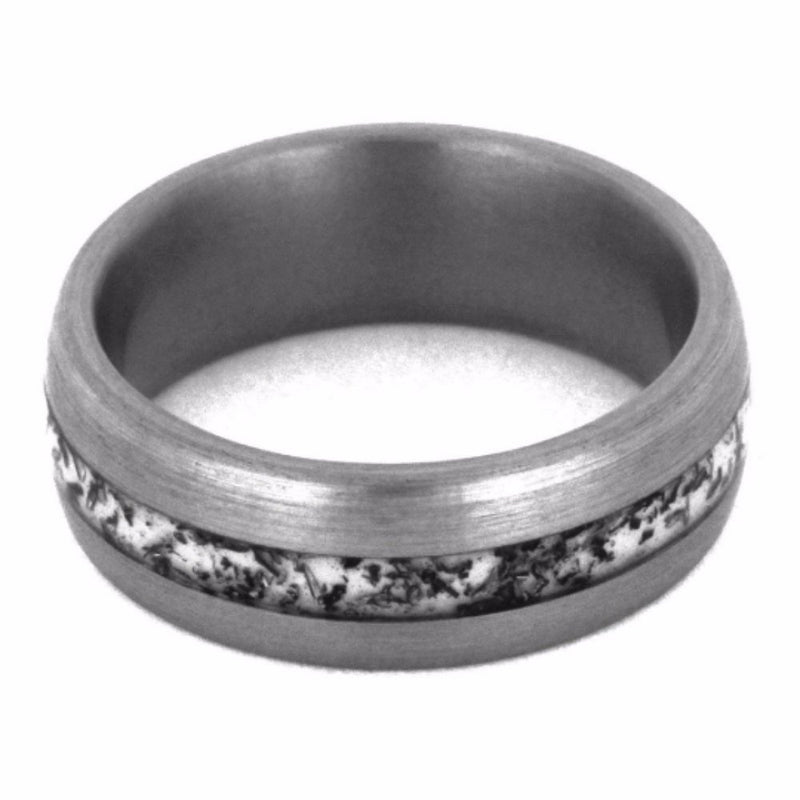 Crushed Bike Chain, White Stripe 6mm Comfort-Fit Brushed Titanium Wedding Band, Size 7.25