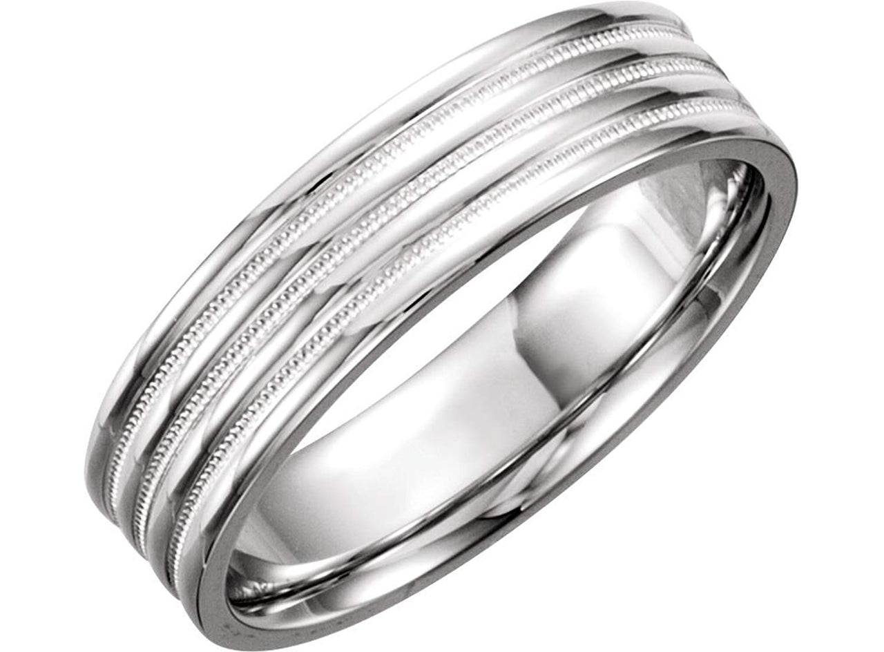 Grooved Double Milgrain Design 6mm Comfort Fit 14k White Gold Band