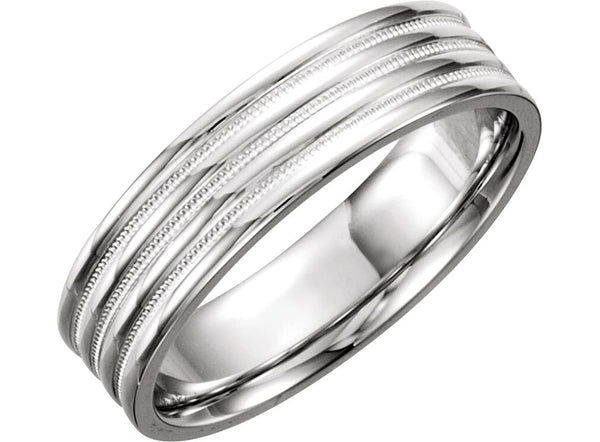 Grooved Double Milgrain Design 6mm Comfort Fit 14k White Gold Band, Size 8