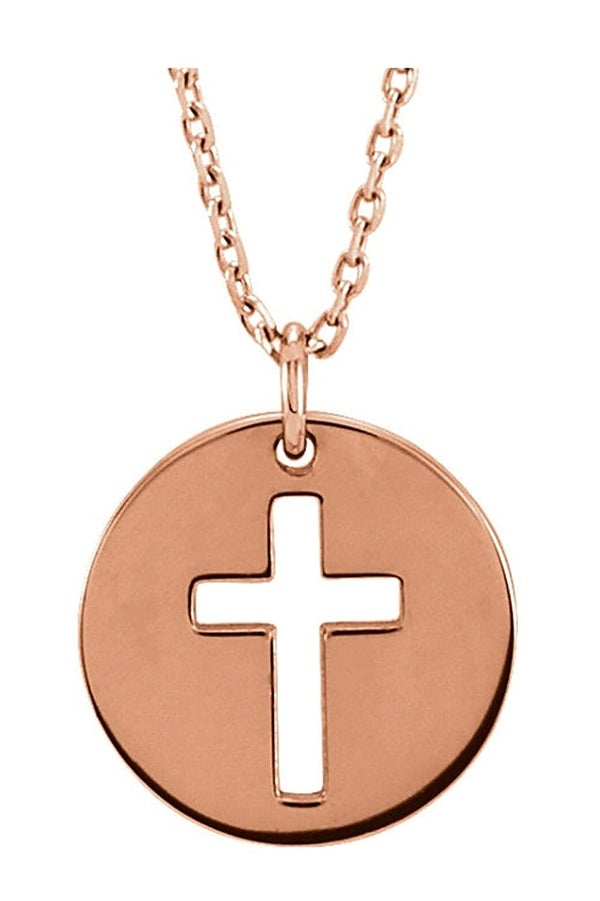 Pierced Cross Disc 14k Rose Gold Pendant Necklace, 16-18" (12X12 MM)