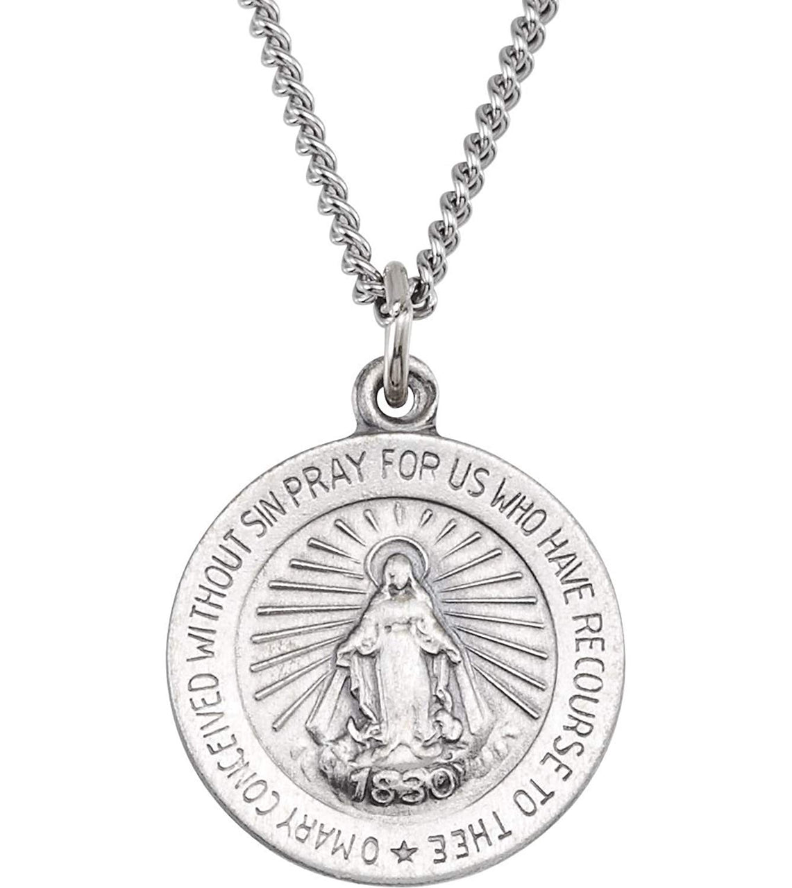 Sterling Silver Miraculous Medal with Curb Chain Necklace, 18" (18 MM)