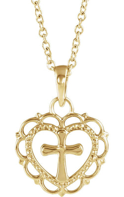 Scalloped Heart with Cross 14k Yellow Gold Youth Pendant Necklace, 16" and 18" (15.50X11.70 MM)