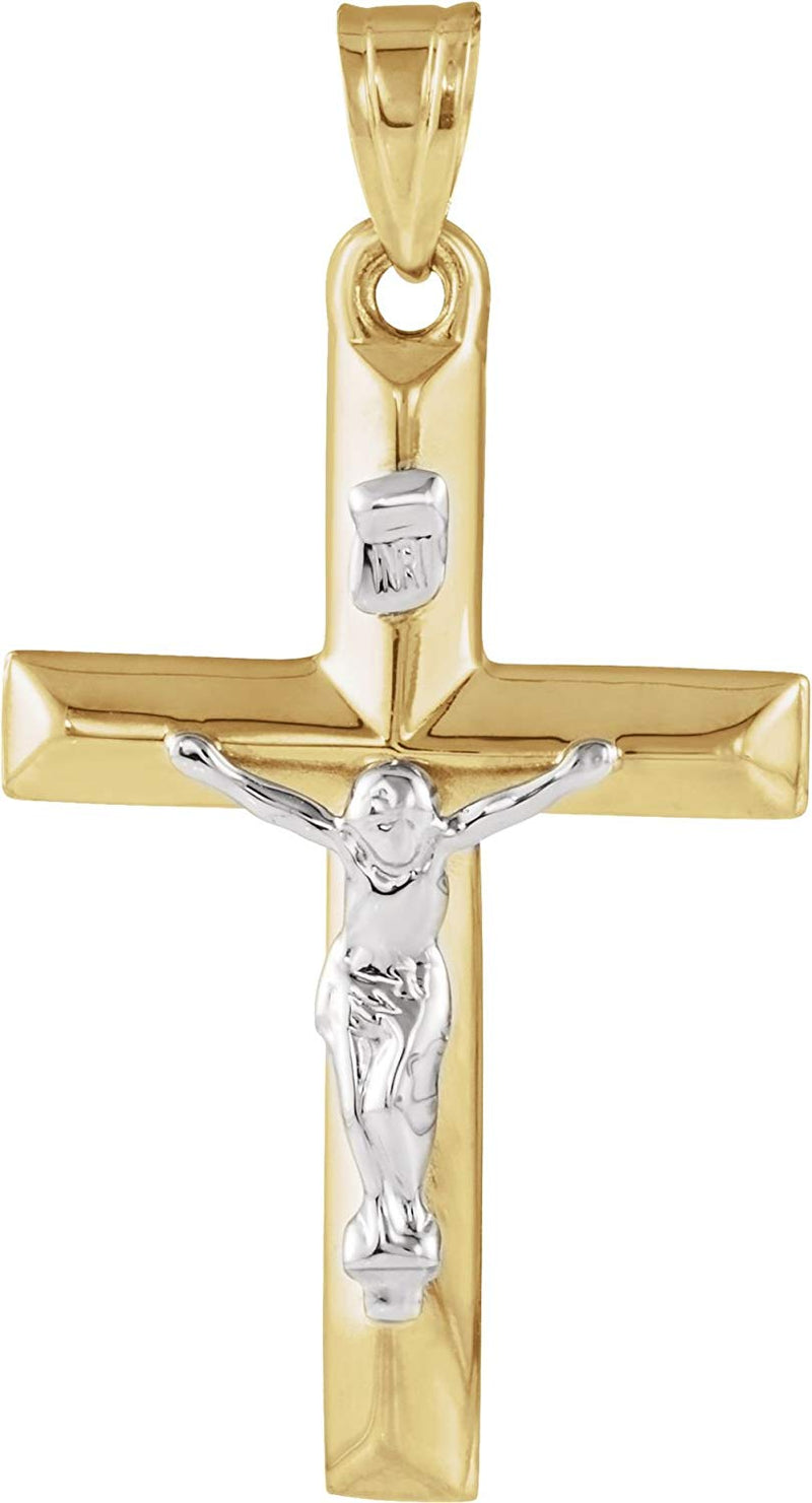 Two-Tone Hollow Beveled Crucifix 14k Yellow and White Gold Pendant (25X17MM)