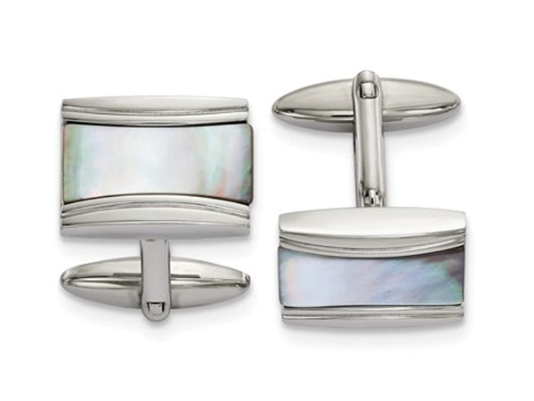 Stainless Steel Polished Mother Of Pearl Rectangle Cuff Links, 22.58MMX19.19MM