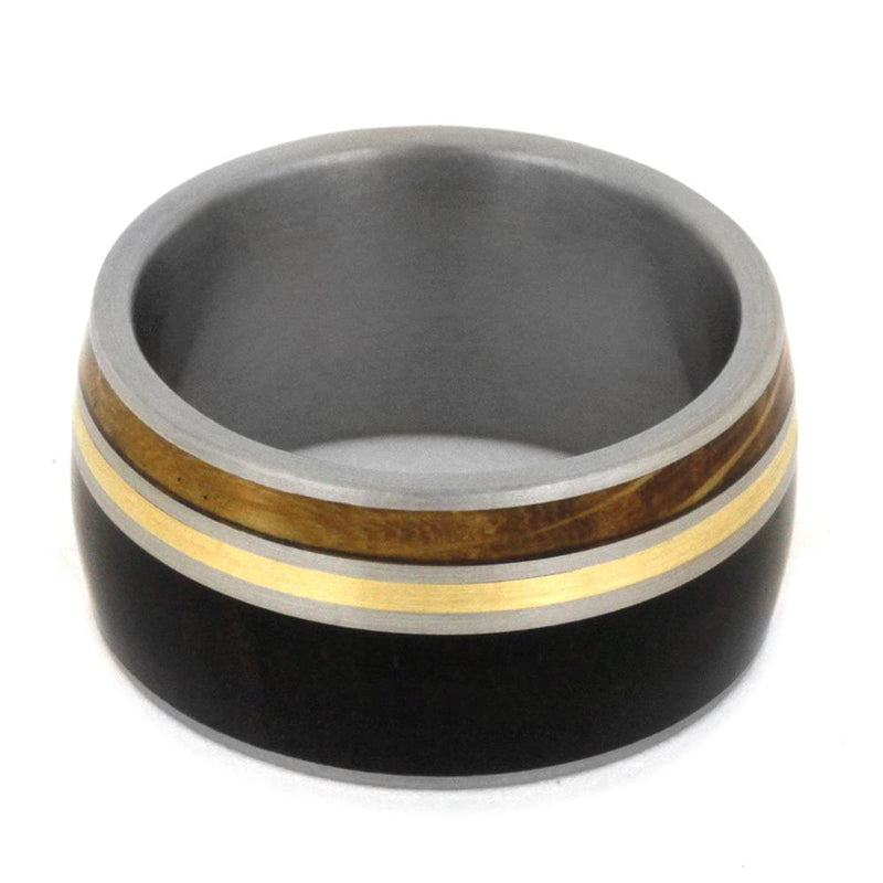 African Blackwood, Whiskey Barrel Wood, 14k Yellow Gold 10mm Comfort-Fit Brushed Titanium Ring