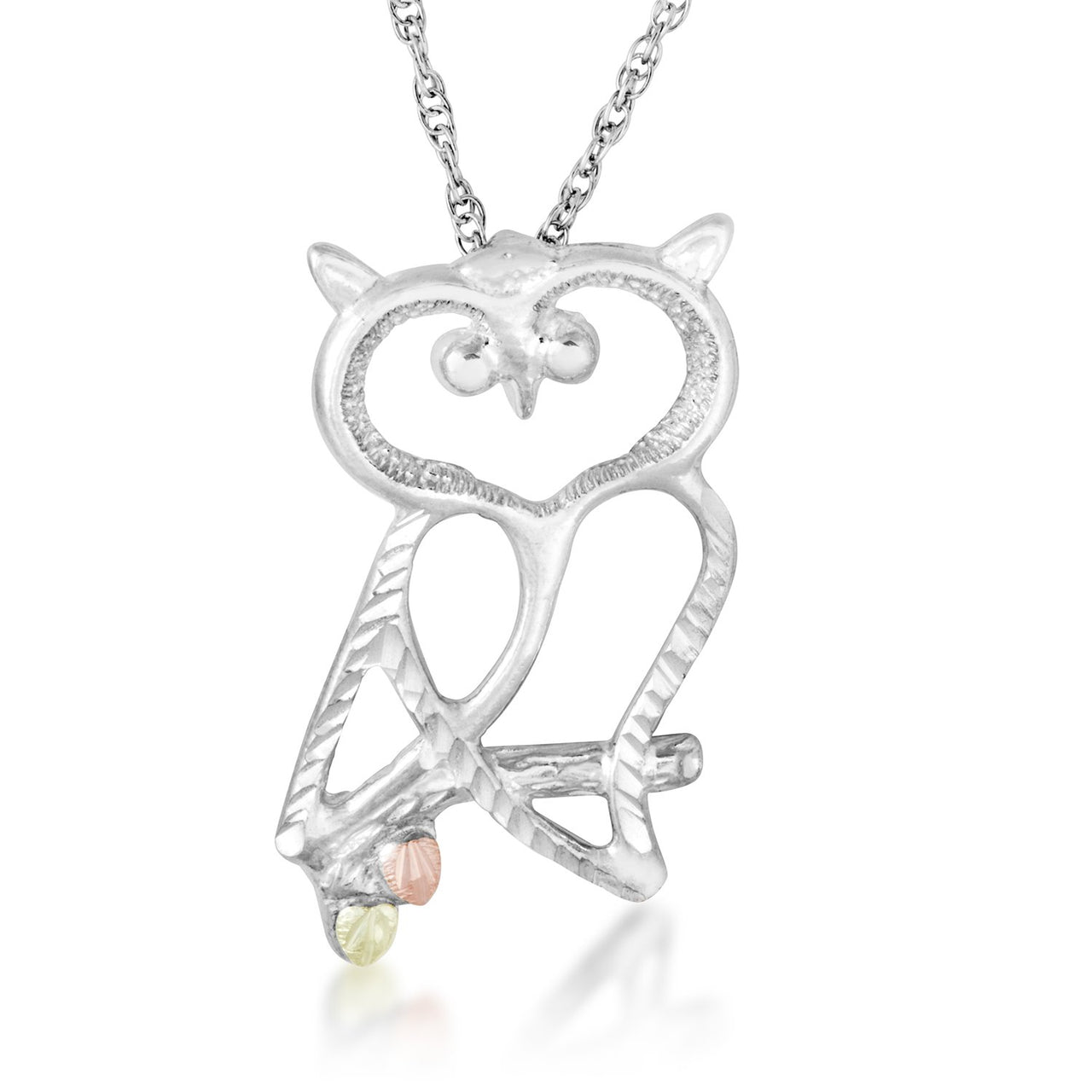 Owl Pendant Necklace, Sterling Silver, 12k Green and Rose Gold Black Hills Gold Motif, 18''