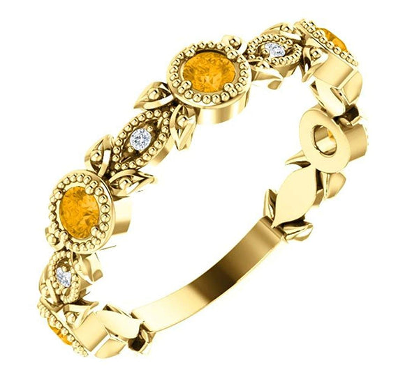 Citrine and Diamond Vintage-Style Ring, 14k Yellow Gold (0.03 Ctw, G-H Color, I1 Clarity)