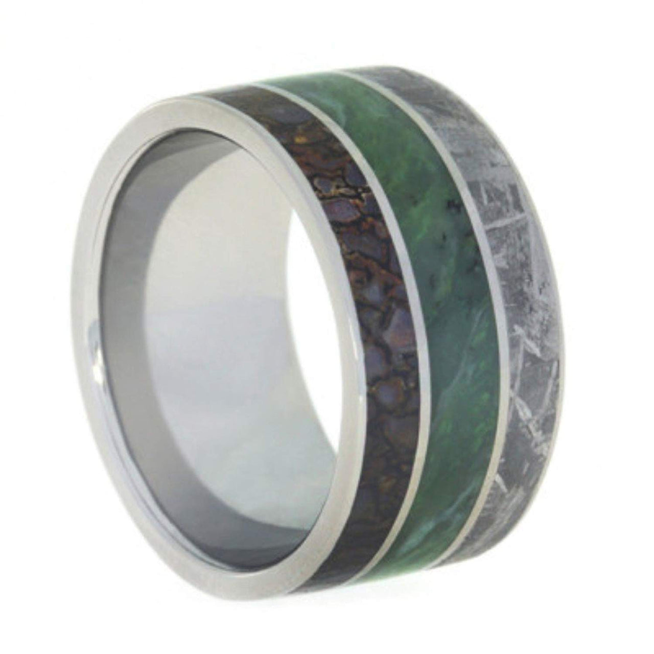 Nephrite Jade, Gibeon Meteorite, Dinosaur Bone 12mm Comfort-Fit Titanium Wedding Band