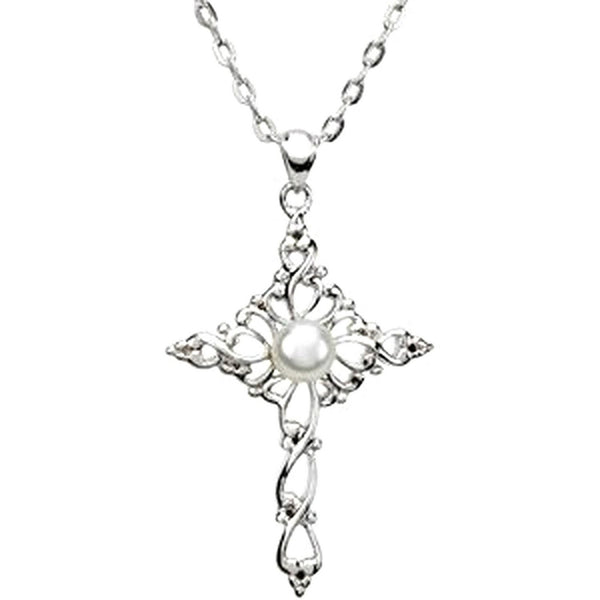 White Freshwater Cultured Pearl Cross 'Confirmed by Grace' Rhodium Plate Sterling Silver Necklace, 18"