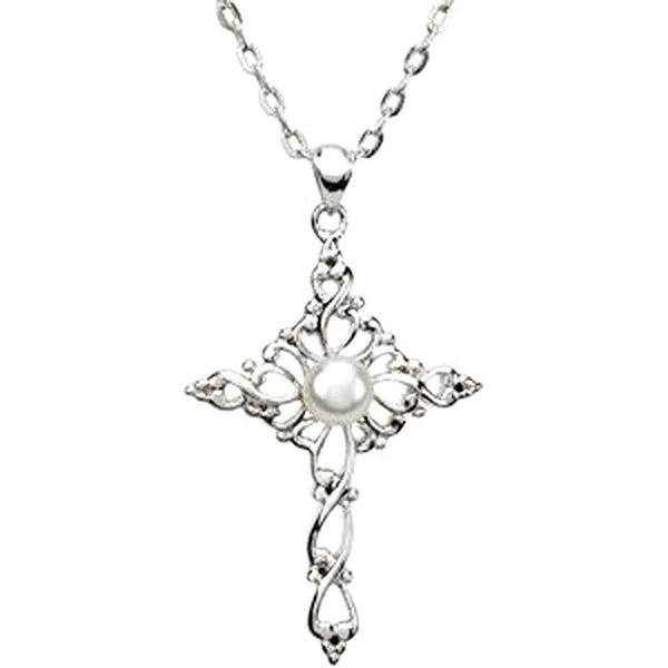 Freshwater Cultured Pearl Cross 'Confirmed by Grace' Rhodium Plate Sterling Silver Necklace 4.45MM, 18"