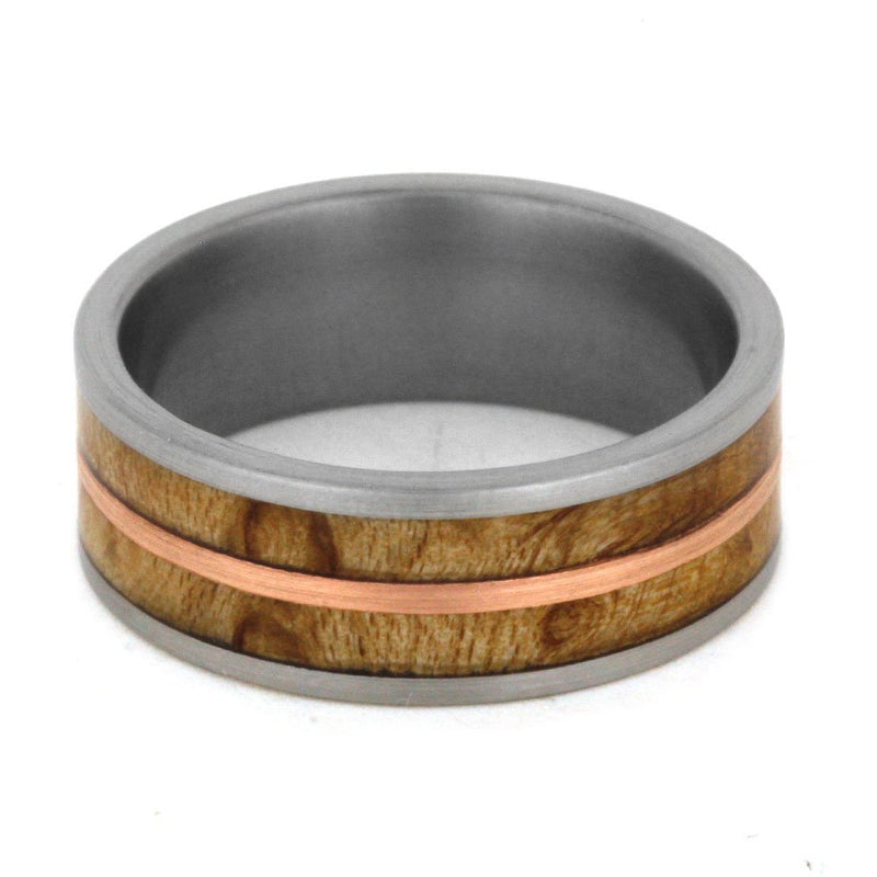 Birds Eye Maple with Copper Inlay 8mm Comfort-Fit Brushed Titanium Wedding Band