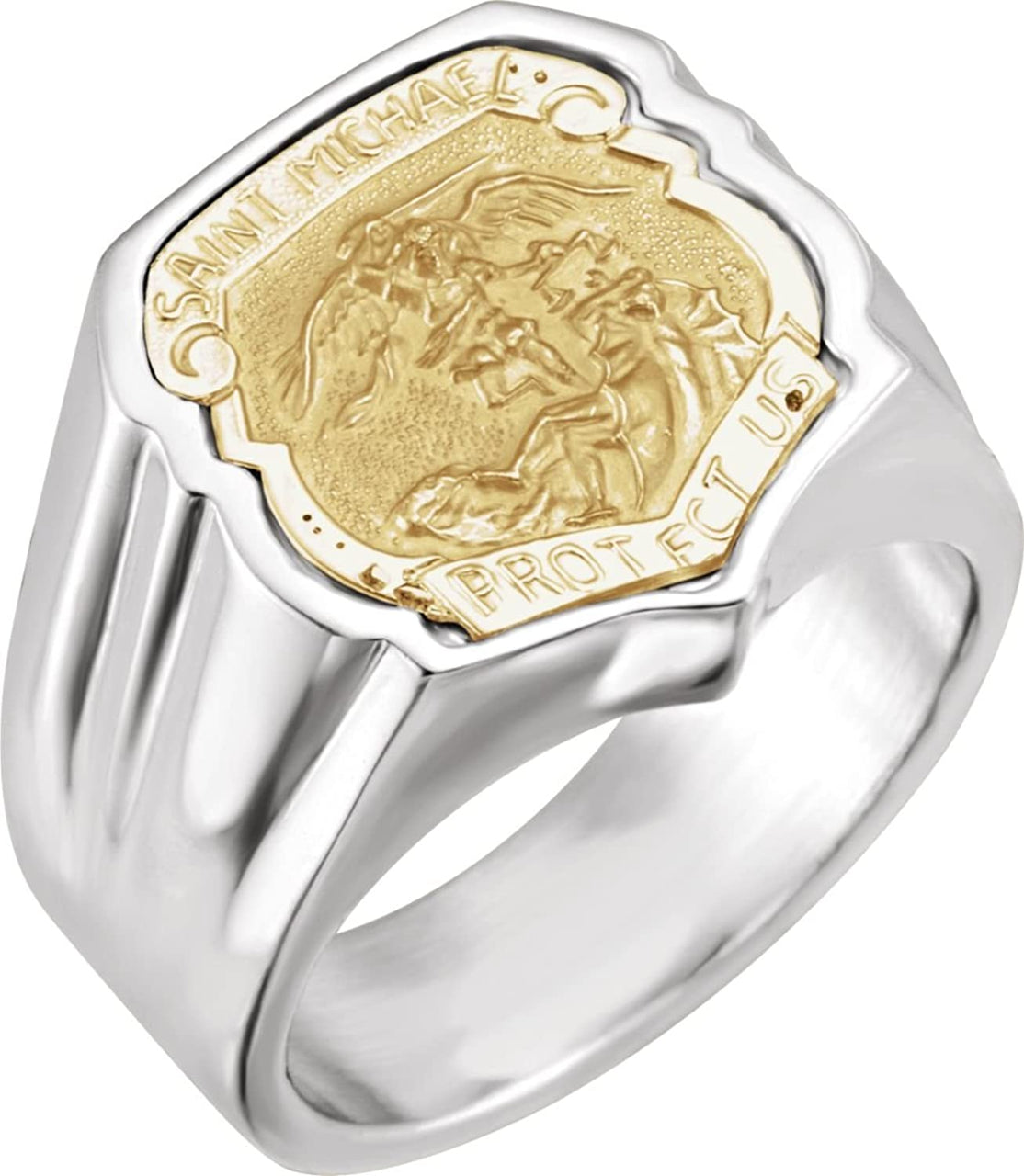 14k Yellow Gold and Sterling Silver St. Michael Shield Ring Size 10