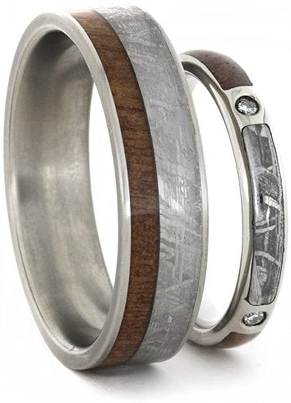 2-Stone Diamond, Gibeon Meteorite, Snakewood Ring, Gibeon Meteorite and Snakewood Titanium, Couples Wedding Band Set, M13.5-F7