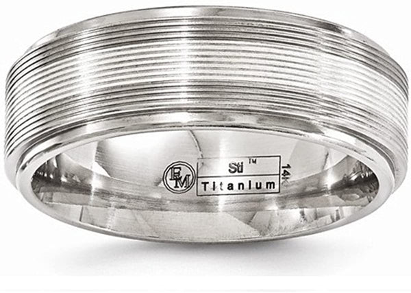 Edward Mirell Titanium with 14k White Gold Textured Line 7.5mm Grooved Wedding Band