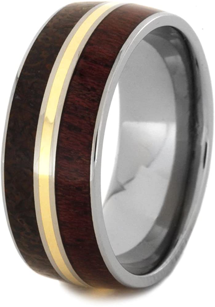 Dinosaur Bone, Purple Heart Wood, 14k Yellow Gold 9mm Comfort-Fit Titanium Wedding Band, Size 14.25