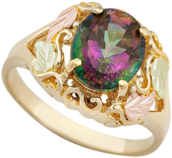 Scrollwork Mystic Fire Topaz Ring, 10k Yellow Gold, 12k Green and Rose Gold Black Hills Gold Motif, Size 10.5