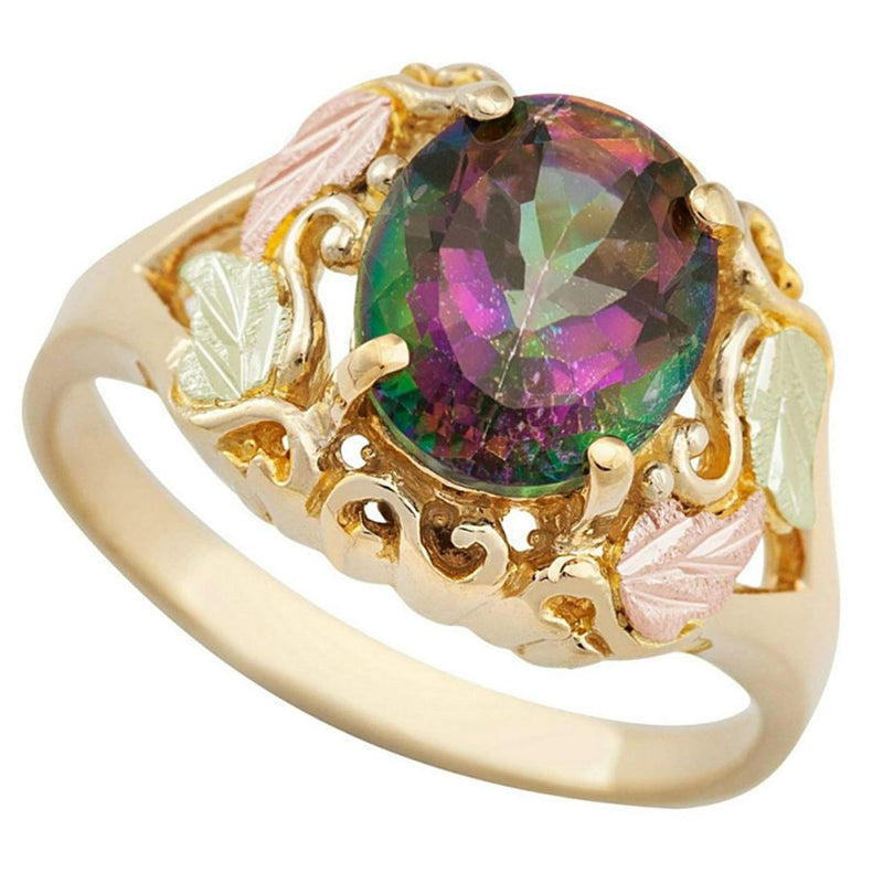 Scrollwork Mystic Fire Topaz Ring, 10k Yellow Gold, 12k Green and Rose Gold Black Hills Gold Motif