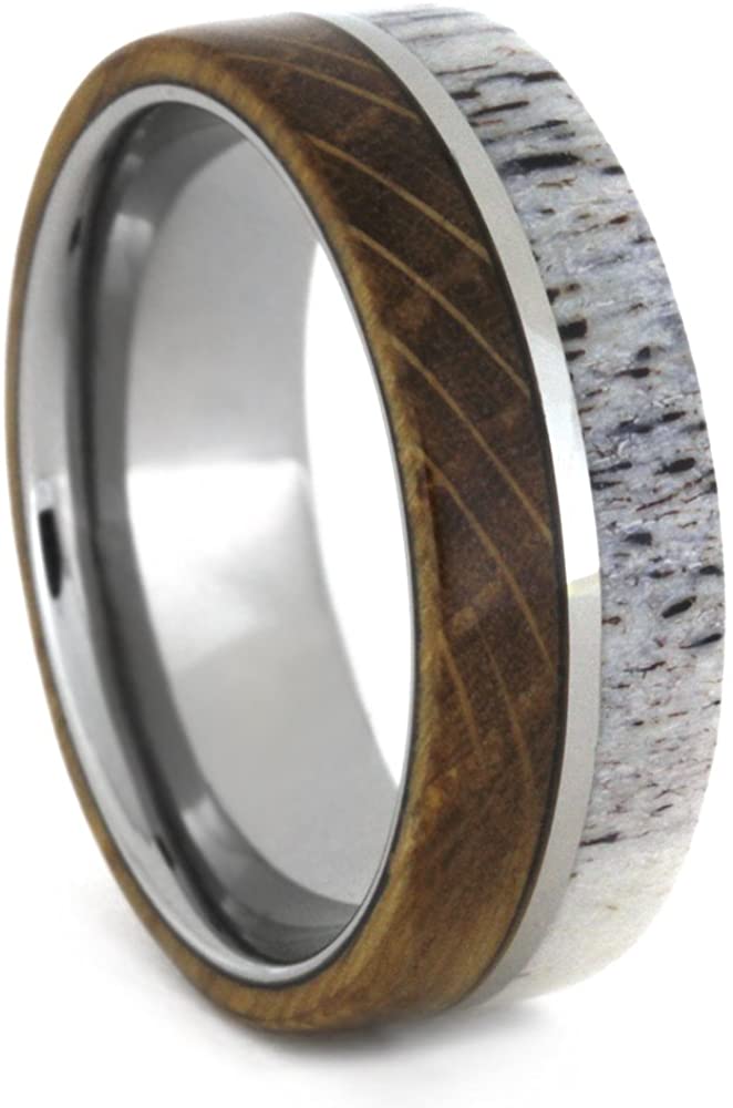 Deer Antler, Whiskey Barrel Oak Wood 8mm Comfort-Fit Titanium Band, Size 5.5