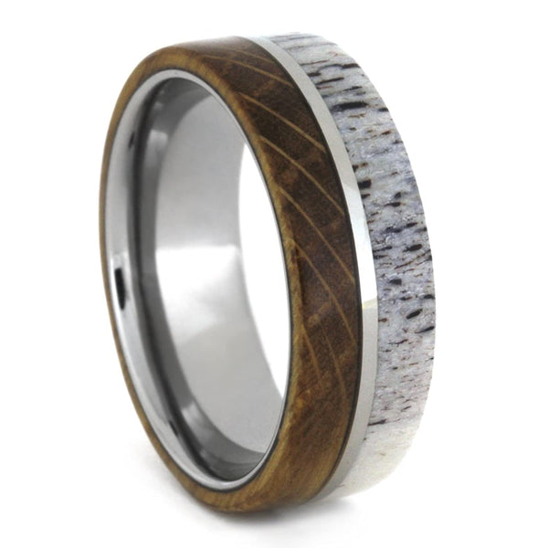 Deer Antler, Whiskey Barrel Oak Wood 8mm Comfort-Fit Titanium Band