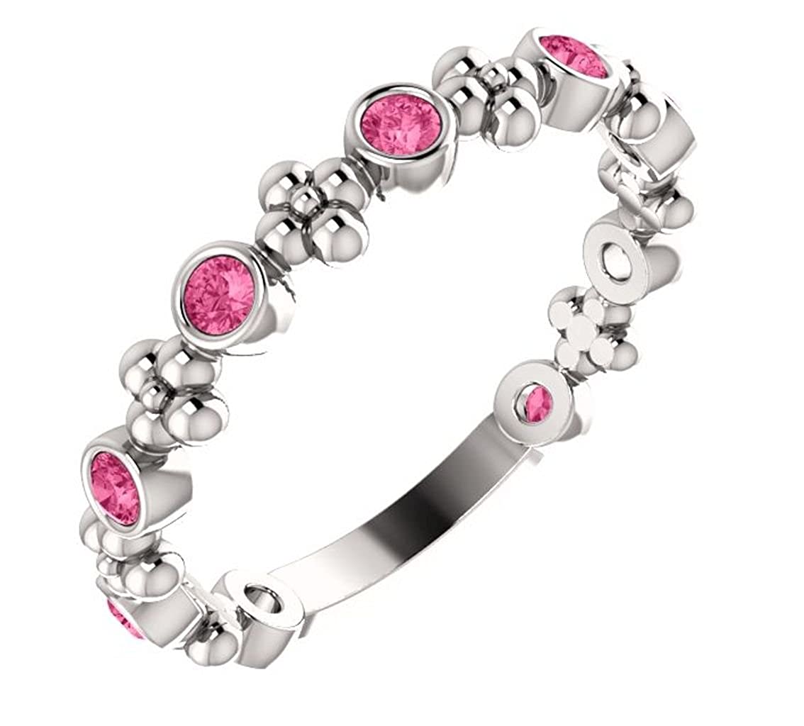 Genuine Pink Tourmaline Beaded Ring ,Rhodium-Plated Sterling Silver