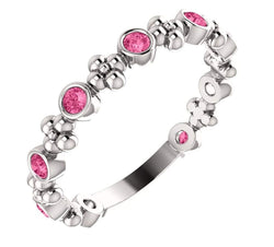 Platinum Genuine Pink Tourmaline Beaded Ring