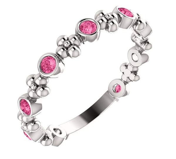 Genuine Pink Tourmaline Beaded Ring, Rhodium-Plated 14k White Gold